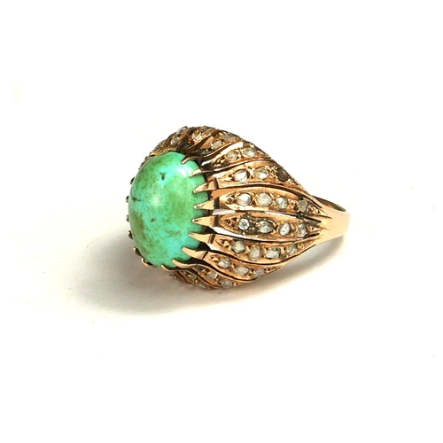 46 - A LARGE VINTAGE HIGH CARAT GOLD, TURQUOISE AND ROSE CUT DIAMOND COCKTAIL RING.