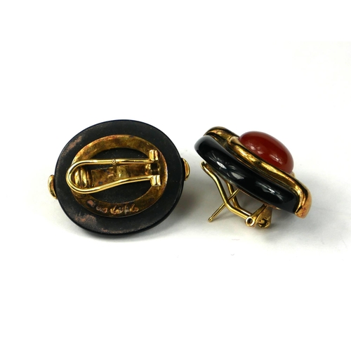 47 - KAI-YIN LO, HONG KONG, A LARGE PAIR OF CABOCHON CARNELIAN, ONYX AND SILVER VERMEIL EARRINGS
Inset wi... 