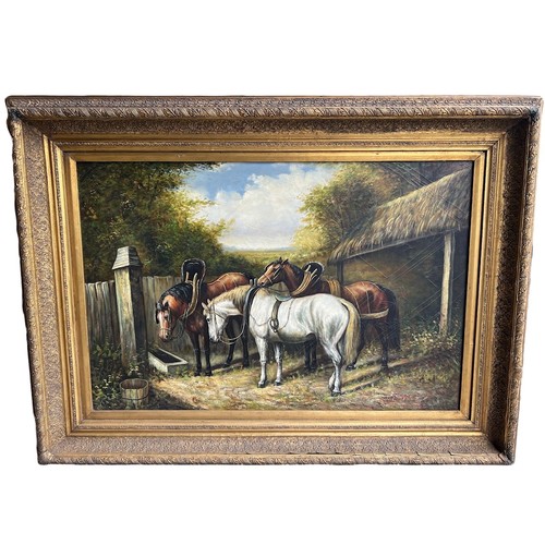 285 - A LARGE OIL ON CANVAS, FARMYARD SCENE, THREE WORK HORSES AT TROUGH
Framed.
(sight 59.5cm x 90cm, fra... 