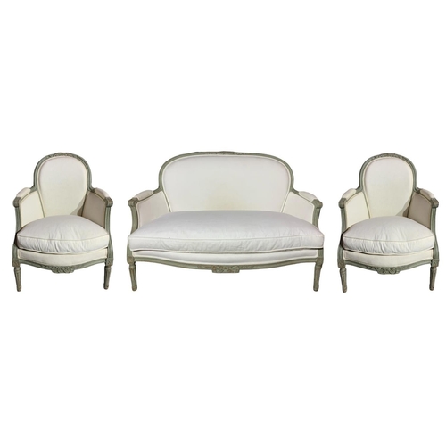 215 - A 19TH CENTURY FRENCH LOUIS XV DESIGN CARVED WOOD AND PAINTED UPHOLSTERED THREE PIECE SUITE
Comprisi... 