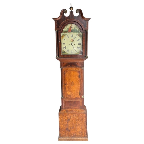 235 - AN 18TH CENTURY GEORGE III OAK MAHOGANY AND INLAID LONGCASE CLOCK
With swan neck pediment above a pa... 