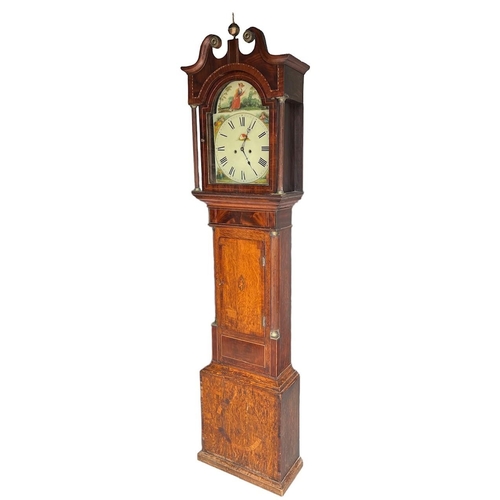 235 - AN 18TH CENTURY GEORGE III OAK MAHOGANY AND INLAID LONGCASE CLOCK
With swan neck pediment above a pa... 