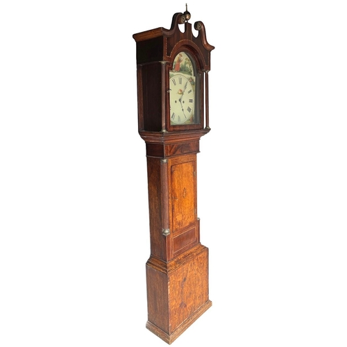 235 - AN 18TH CENTURY GEORGE III OAK MAHOGANY AND INLAID LONGCASE CLOCK
With swan neck pediment above a pa... 