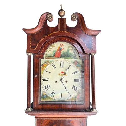 235 - AN 18TH CENTURY GEORGE III OAK MAHOGANY AND INLAID LONGCASE CLOCK
With swan neck pediment above a pa... 