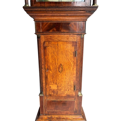 235 - AN 18TH CENTURY GEORGE III OAK MAHOGANY AND INLAID LONGCASE CLOCK
With swan neck pediment above a pa... 