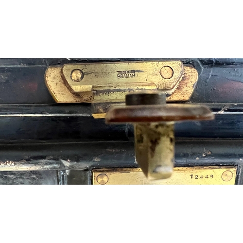 237 - JOSH BRAMAH, 11 OLD BOND ST, 19TH CENTURY CAMPAIGN MILITARY FAUX PAINTED METAL LUGGAGE TRUNK 
Brass ... 