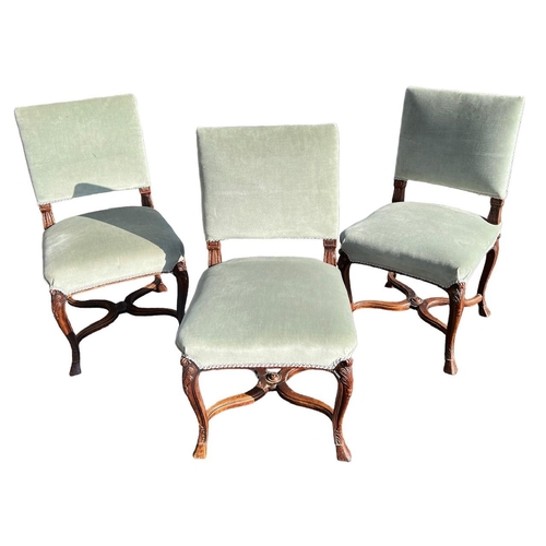 241 - A SET OF THREE 19TH CENTURY FRENCH CARVED WALNUT LOUIS XV DESIGN SIDE CHAIRS
With upholstered backs ... 