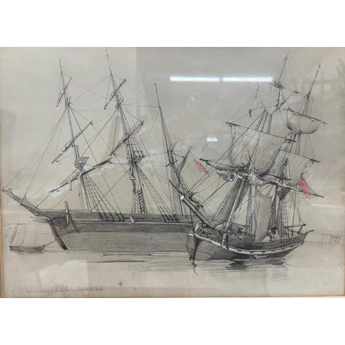 268 - THOMAS SMITH CAFE, 1793 - 1841, GRAPHITE HEIGHTENED WITH COLOUR
Beached ships, indistinctly inscribe... 