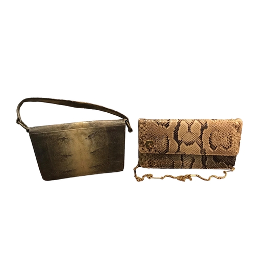 114 - TWO VINTAGE SNAKESKIN CLUTCH BAGS.
(largest h 15cm x w 26cm x depth 5cm)