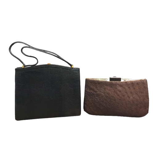 118 - TWO VINTAGE OSTRICH LEATHER CLUTCH BAGS AND A LEATHER HANDBAG.
(largest h 30cm x w 23cm x depth 6.5c... 