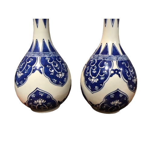 123 - A PAIR OF CHINESE BLUE AND WHITE SUANTOUPING GARLIC MOUTH SHAPED VASES
Decorated with geometric flor... 