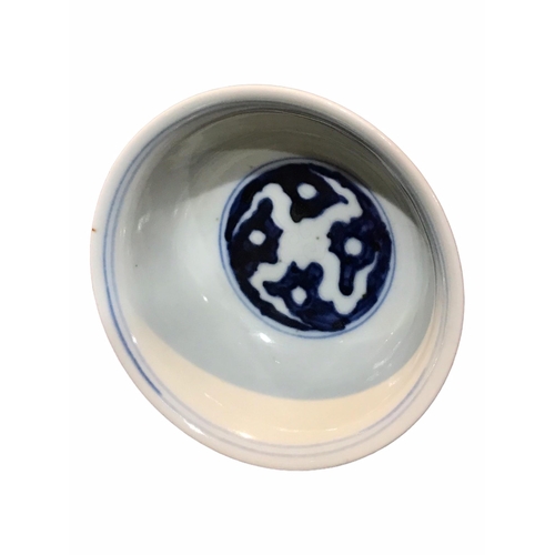 129 - A CHINESE BLUE AND WHITE STEM CUP 
Decorated with two dragons amongst clouds. 
(h 8.9cm x diameter 9... 