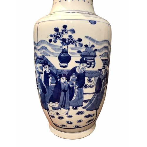 130 - A LARGE CHINESE BLUE AND WHITE BANGCHUIPING/ROULEAU SHAPED VASE
Decorated with an interior scene wit... 