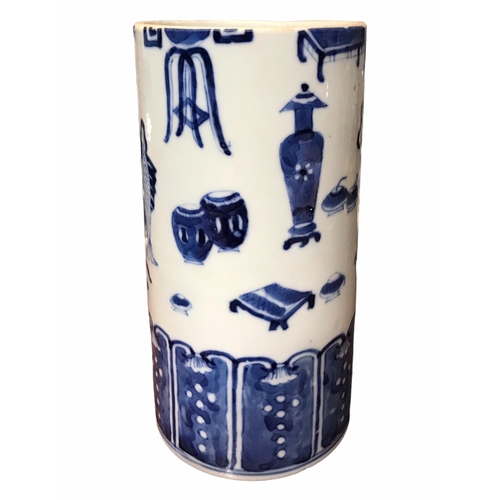 134 - A CHINESE BLUE AND WHITE BRUSH POT 
Decorated with lotus flower, koi carp, scrolls, tables and vases... 