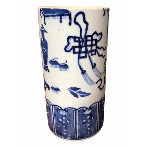 134 - A CHINESE BLUE AND WHITE BRUSH POT 
Decorated with lotus flower, koi carp, scrolls, tables and vases... 