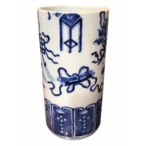 134 - A CHINESE BLUE AND WHITE BRUSH POT 
Decorated with lotus flower, koi carp, scrolls, tables and vases... 