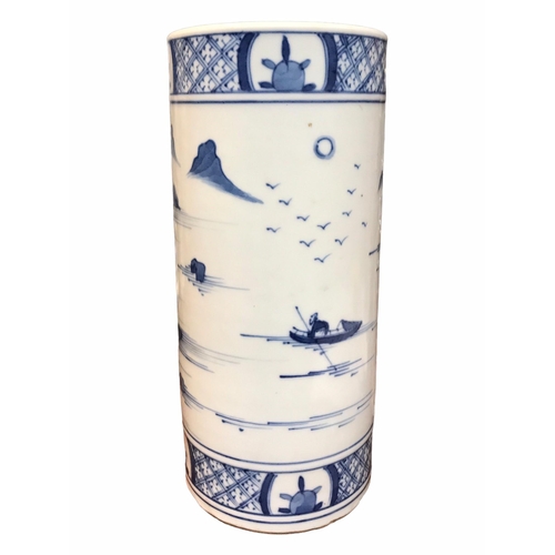 135 - A CHINESE BLUE AND WHITE BRUSH POT 
Decorated with a landscape scene with figure in a boat, met by b... 