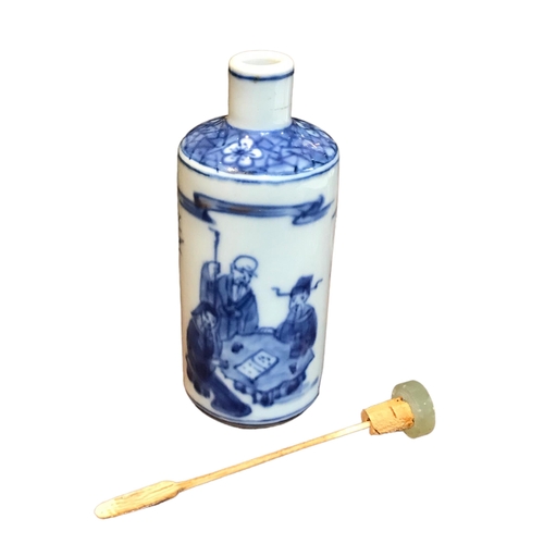 137 - A CHINESE BLUE AND WHITE PORCELAIN CYLINDRICAL SCENT BOTTLE
Having a jade top stopper, decorated wit... 