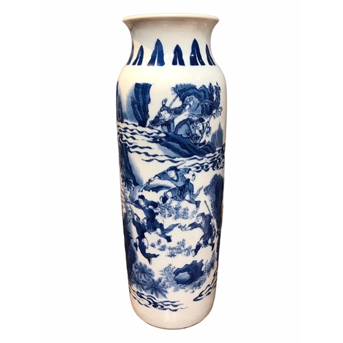 139 - A CHINESE BLUE AND WHITE XIANGLING SLEEVE VASE
Decorated with a figural landscape scene and undergla... 