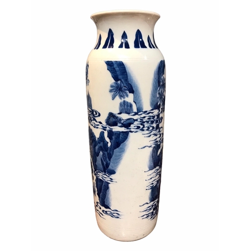 139 - A CHINESE BLUE AND WHITE XIANGLING SLEEVE VASE
Decorated with a figural landscape scene and undergla... 