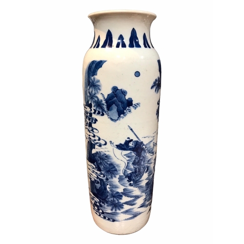 139 - A CHINESE BLUE AND WHITE XIANGLING SLEEVE VASE
Decorated with a figural landscape scene and undergla... 