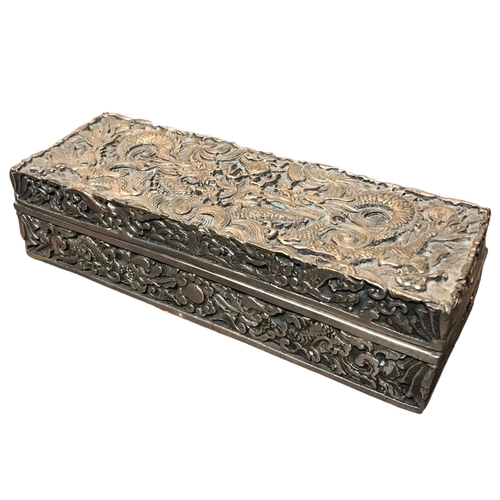 146 - A CHINESE WHITE METAL RECTANGULAR BOX 
Together with another metal box, Chinese box decorated with t... 