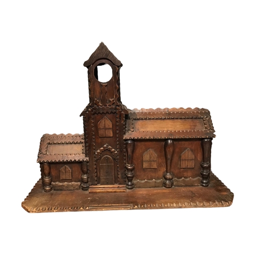 174 - AN LARGE 19TH CENTURY TRAMP ART CARVED WOOD TOWN HALL COIN BANK
Having three coin slots to back and ... 