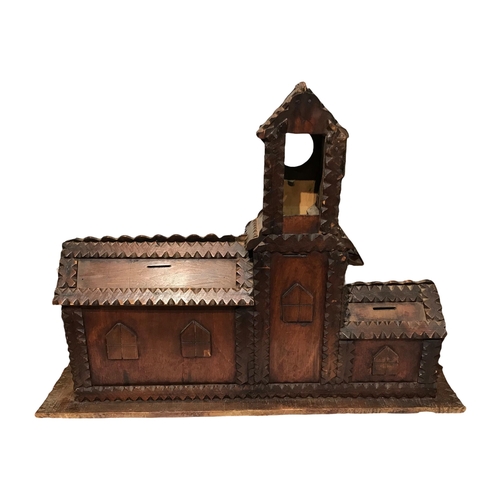 174 - AN LARGE 19TH CENTURY TRAMP ART CARVED WOOD TOWN HALL COIN BANK
Having three coin slots to back and ... 