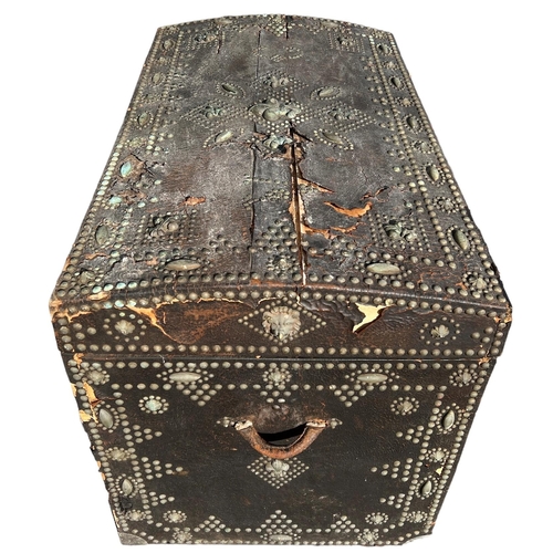 218 - A 17TH CENTURY FRENCH (POSSIBLY ROYAL FAMILY) LEATHER AND BRASS TRUNK
Decorative with Fleur-de-Lis a... 