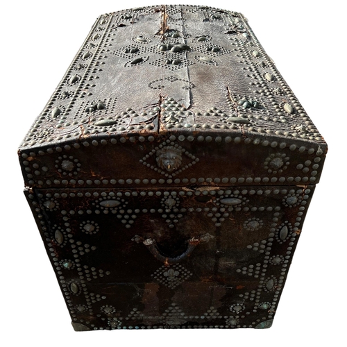 218 - A 17TH CENTURY FRENCH (POSSIBLY ROYAL FAMILY) LEATHER AND BRASS TRUNK
Decorative with Fleur-de-Lis a... 