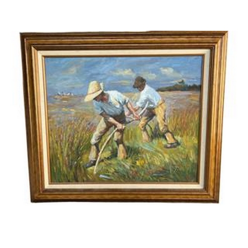 273 - AFTER SIR GEORGE CLAUSEN, OIL ON CANVAS
Titled ‘The Mowers’, framed.
(sight 49.5cm x 60cm, frame 68c... 