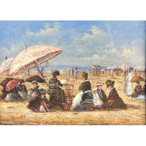 276 - FOLLOWER OF EUGÈNE BOUDIN, OIL ON BOARD
Summer beach scene with figures, framed.
(sight 29cm x 39.5c... 