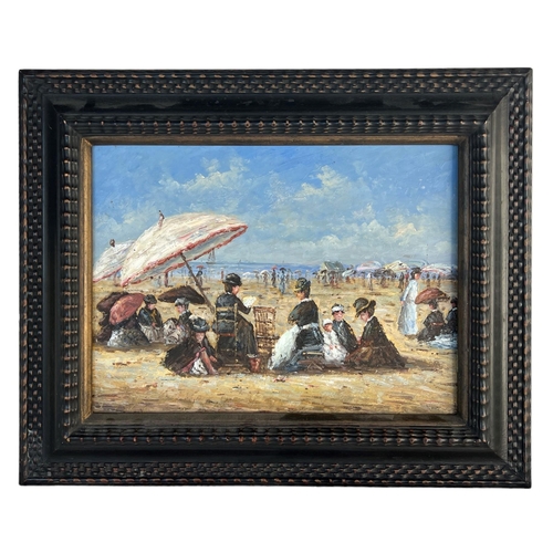 276 - FOLLOWER OF EUGÈNE BOUDIN, OIL ON BOARD
Summer beach scene with figures, framed.
(sight 29cm x 39.5c... 