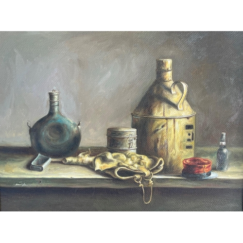 277 - A 20TH CENTURY OIL ON CANVAS, STILL LIFE, DRINKING VESSEL ON A LEDGE
Signed lower left, framed.
(sig... 