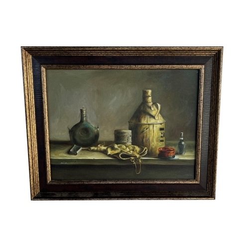 277 - A 20TH CENTURY OIL ON CANVAS, STILL LIFE, DRINKING VESSEL ON A LEDGE
Signed lower left, framed.
(sig... 