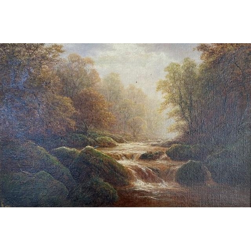 278 - WILLIAM MELLOR, 1851 - 1931, OIL ON CANVAS
Titled ‘Padley Woods, Derbyshire’, wooded river landscape... 