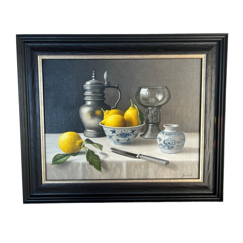 279 - ANNE SONGHURST, B. 1946, OIL ON BOARD
Titled ‘Ming Bowl With Lemons’, still life, bearing label vers... 