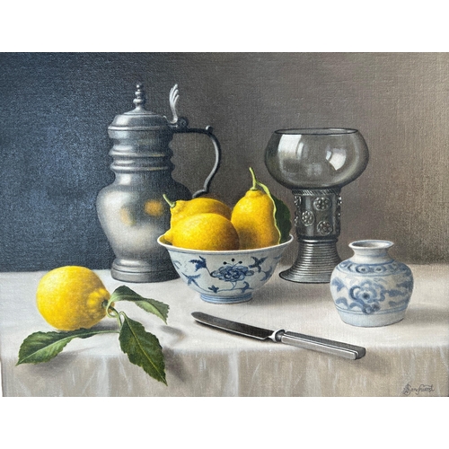 279 - ANNE SONGHURST, B. 1946, OIL ON BOARD
Titled ‘Ming Bowl With Lemons’, still life, bearing label vers... 