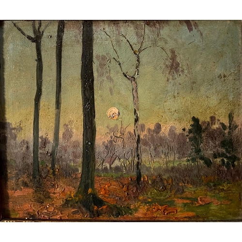 280 - AN EARLY 20TH CENTURY FRENCH IMPRESSIONIST OIL ON BOARD, WOODED SUNSET LANDSCAPE
Bearing label verso... 