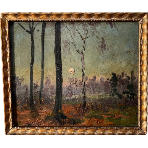 280 - AN EARLY 20TH CENTURY FRENCH IMPRESSIONIST OIL ON BOARD, WOODED SUNSET LANDSCAPE
Bearing label verso... 