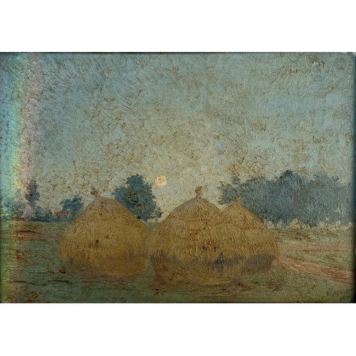 282 - A 20TH CENTURY CONTINENTAL IMPRESSIONIST OIL ON BOARD, SUNSET LANDSCAPE 
With trees Hay Bales, signe... 