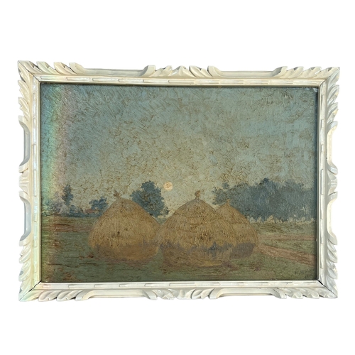 282 - A 20TH CENTURY CONTINENTAL IMPRESSIONIST OIL ON BOARD, SUNSET LANDSCAPE 
With trees Hay Bales, signe... 