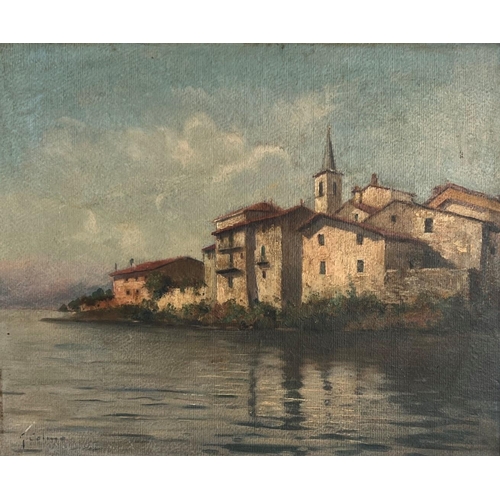 283 - GIOVANNI COLMO, ITALIAN, 1867 - 1947, 20TH CENTURY OIL ON BOARD
Italian river landscape, with church... 