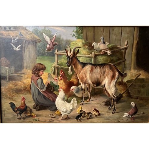 286 - CIRCLE OF EDGAR HUNT, 1876 - 1955, OIL ON CANVAS
Farmyard scene, young girl feeding poultry and a go... 