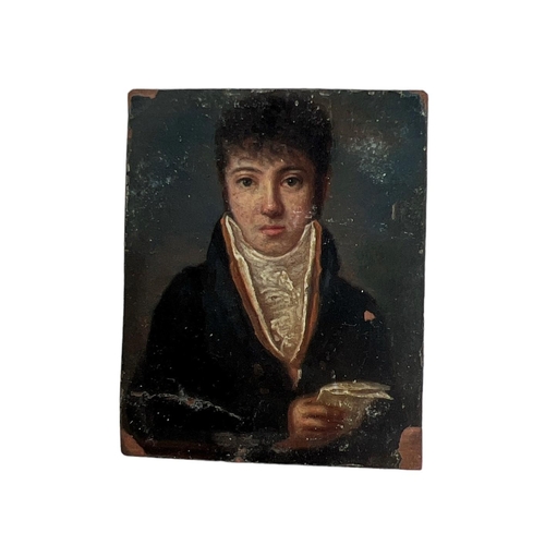 298 - A 19TH CENTURY MINIATURE OIL ON COPPER, PORTRAIT OF A GENTLEMAN WITH A LACE COLLAR, HOLDING A LETTER... 