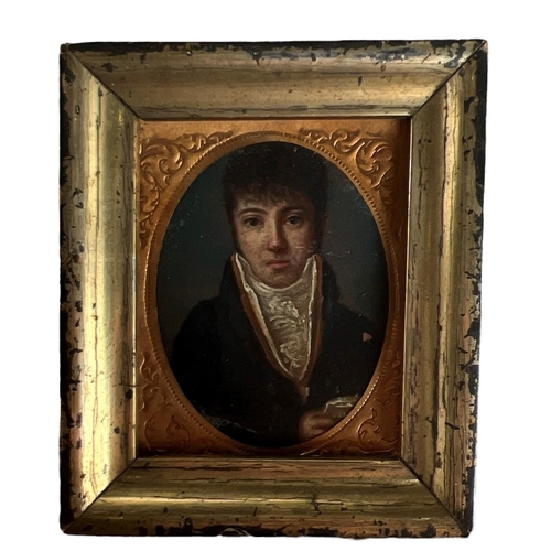 298 - A 19TH CENTURY MINIATURE OIL ON COPPER, PORTRAIT OF A GENTLEMAN WITH A LACE COLLAR, HOLDING A LETTER... 