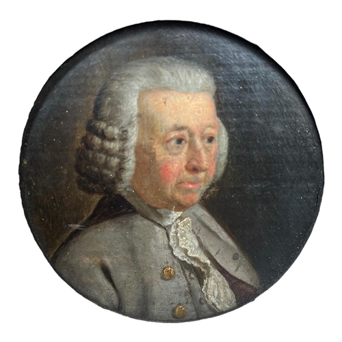 299 - AN 18TH CENTURY CONTINENTAL CIRCULAR OIL ON OAK PANEL, PORTRAIT OF A GENTLEMAN, FRAMED.
(sight 8.5cm... 