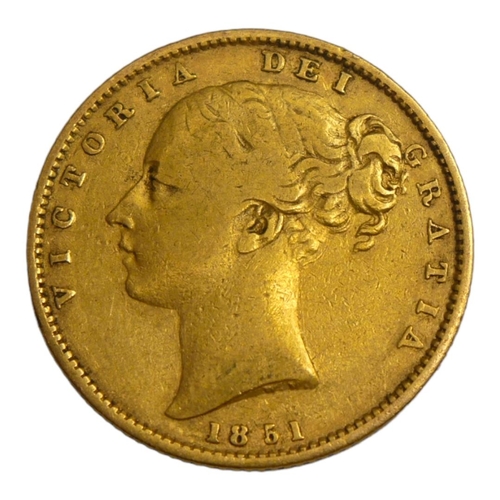 1 - A VICTORIAN 22CT GOLD SOVEREIGN COIN, DATED 1851 
With Young Queen Victoria portrait bust and shield... 