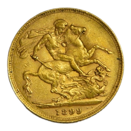 15 - A VICTORIAN 22CT GOLD SOVEREIGN COIN, DATED 1899
Queen Victorian widow bust and George and Dragon to... 