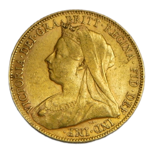 15 - A VICTORIAN 22CT GOLD SOVEREIGN COIN, DATED 1899
Queen Victorian widow bust and George and Dragon to... 